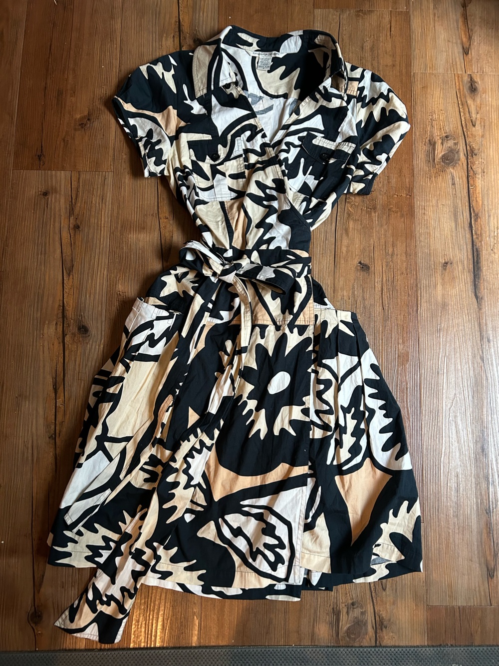 DVF Black, White & Tan/Khaki Wrap Dress